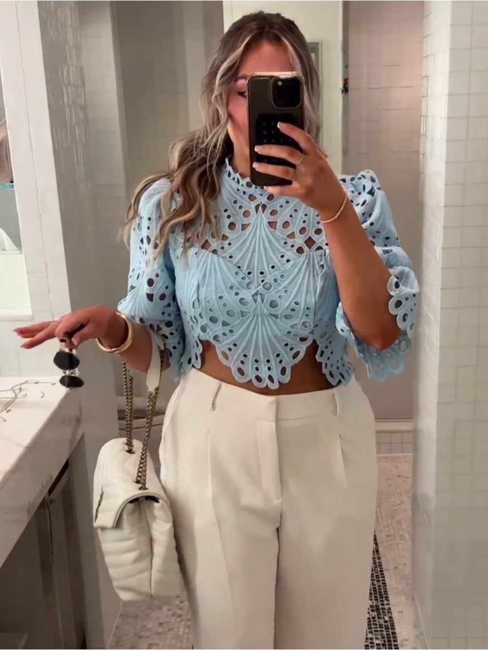 Vici Light Blue Eyelet Lace Crop Blouse